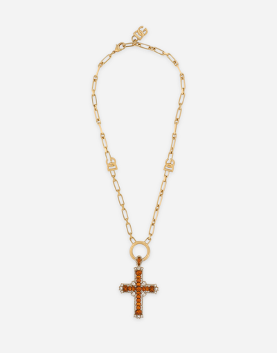 Dolce & Gabbana Chain Necklace With Cross And Yellow Crystals