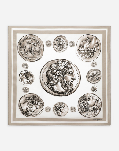 Dolce & Gabbana Coin Print Silk Bandanna (50x50) In Neutral