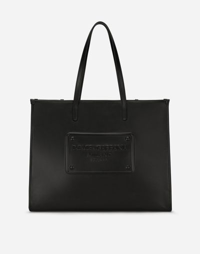 Dolce & Gabbana Calfskin Shopper With Raised Logo In Black