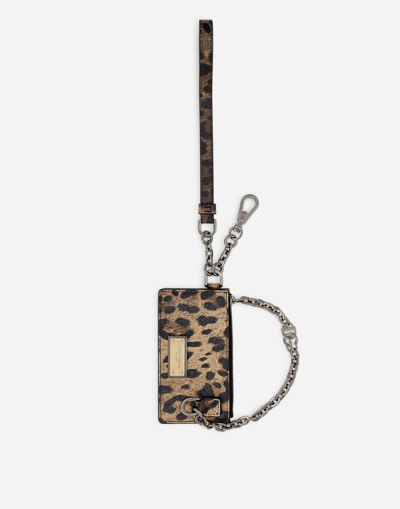 Dolce & Gabbana Dauphine Calfskin Card Holder With Leopard Print In Neutral