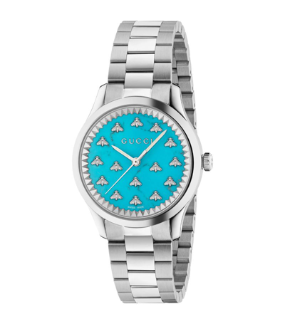Gucci Steel And Turquoise G-timeless Bee Watch 32mm In Blue