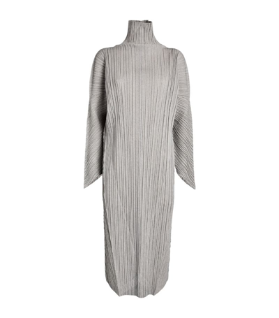 Issey Miyake Pleated Fishbone Midi Dress In Grey