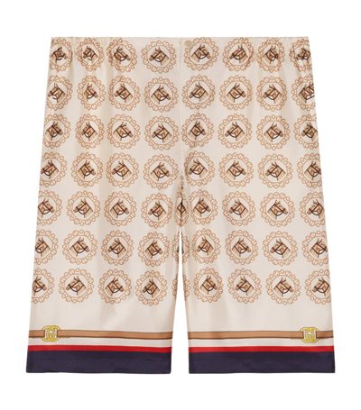 Gucci Equestrian Print Silk Twill Shorts In Ivory And Gold