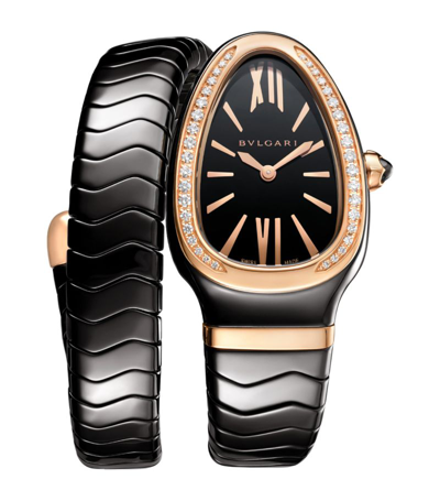 Bvlgari Rose Gold, Ceramic And Diamond Serpenti Spiga Watch 35mm In Black