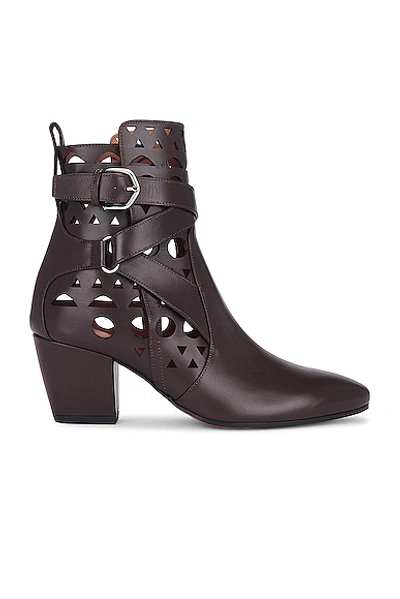 Alaïa Cutout Leather Buckle Ankle Boots In Marron Fonce