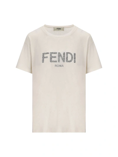 Fendi Logo Printed Crewneck T In Penelope-cream