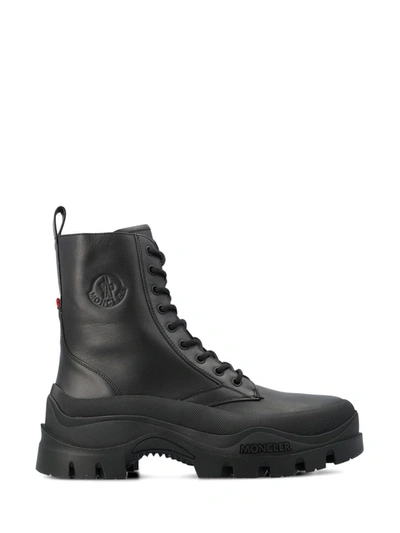 Moncler Leather Boots With Engraved Logo In Black