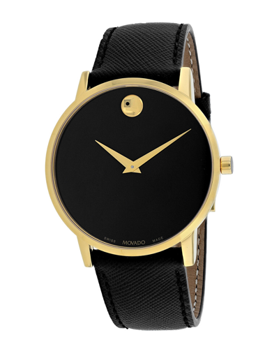 Movado Men's Swiss Museum Classic Black Leather Strap Watch 40mm In Black,gold Black