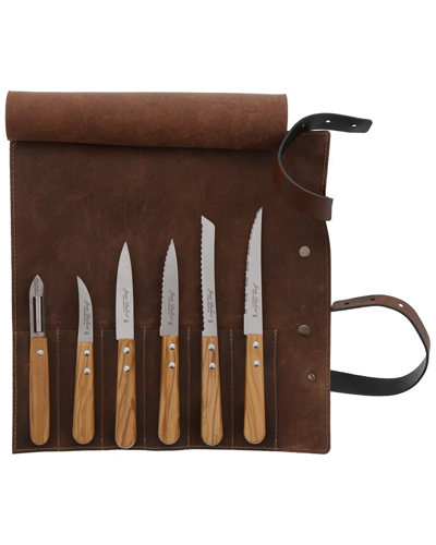Jean Dubost 6 Kitchen Knives In Leather Pouch Olive Wood