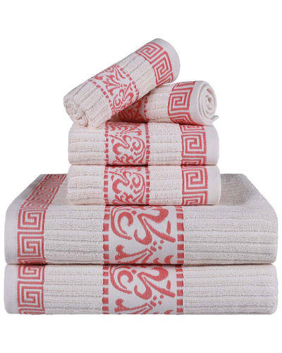 Superior Athens Cotton With Greek Scroll And Floral Pattern Assorted, 6 Piece Bath Towel Set In Ivory-coral
