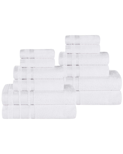 Superior 12pc Zero Twist Cotton Dobby Border Plush Soft Absorbent Towel Set In White