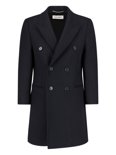 Saint Laurent Double-breasted Coat In 1001 -noir Brillant