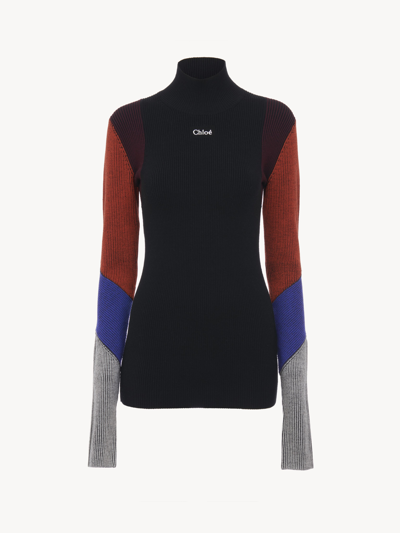 Chloé Fitted Turtleneck Top Multicolor Size Xs 95% Wool, 4% Polyamide, 1% Elastane In Multicolore