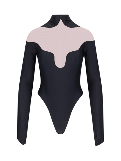 Mugler Illusion-neckline Panelled Bodysuit In Black