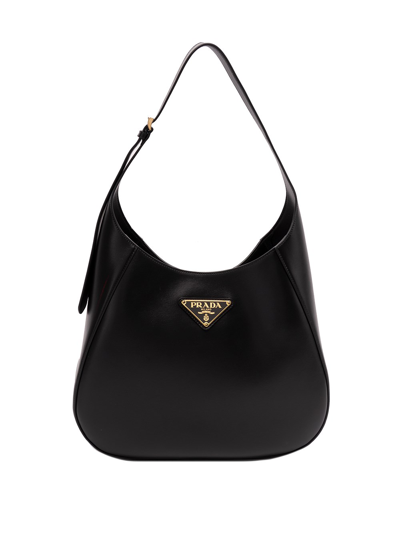 Prada Leather Shoulder Bag With Topstitching In Black  