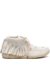 VISVIM WHITE FBT SHAMAN-FOLK FRINGED SUEDE BOOTS