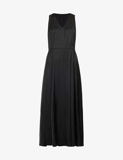 Ikks Womens Black Stud-embellished Flared-hem Satin Maxi Dress