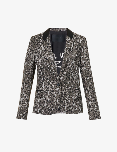Ikks Womens Grey Leopard-print Single-breasted Woven Blazer