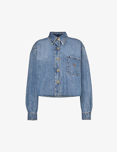 Miu Miu Womens Azzurro Brand-embroidered Contrast-stitched Relaxed-fit Denim Shirt