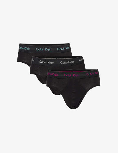Calvin Klein Mens Black Branded-waistband Mid-rise Pack Of Three Stretch-cotton Briefs