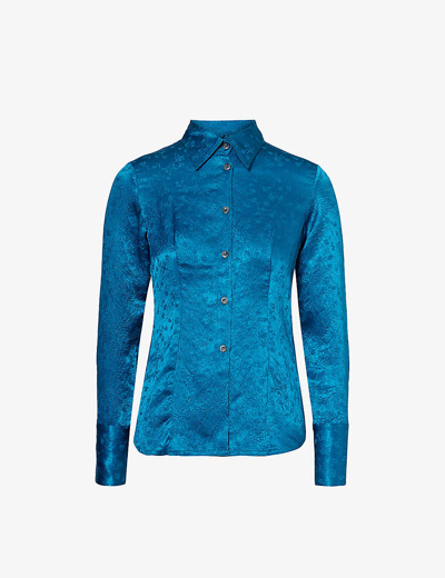 Song For The Mute Womens Blue Floral-jacquard Slim-fit Woven Shirt