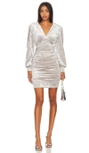 Steve Madden Kali Empire Waist Long Sleeve Stretch Crushed Velvet Minidress In Light Grey