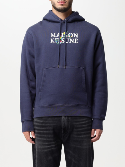 Maison Kitsuné Cotton Sweatshirt With Logo And Embroidery In Ink Blue