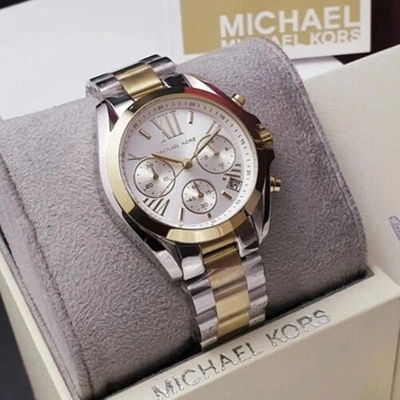 Pre-owned Michael Kors Mk5627 Bradshaw Chronograph Silver Gold-tone Bracelet Women's Watch