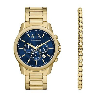 Pre-owned Armani Exchange Mens Wristwatch + Bracelet  Banks Ax7151set Chrono Steel Golden