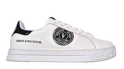 Pre-owned Versace Couture Men's Leather Sneakers Shoes 75ya3sk1 White Court Written