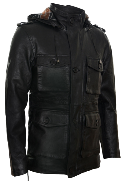 Pre-owned Infinity Men's Black Leather Classic Hooded Overcoat Trench Multi-pocket Jacket