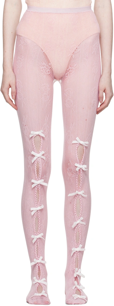Nodress Ssense Exclusive Pink Bowknot Fishnet Tights In Pink/white Bow
