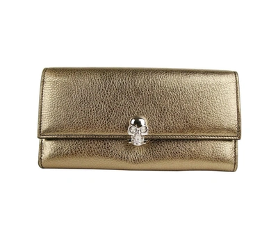 Alexander Mcqueen Women's Gold Metallic Leather Flap With Skull Wallet