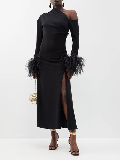 16arlington Black Adelaide Feather Trim Midi Dress