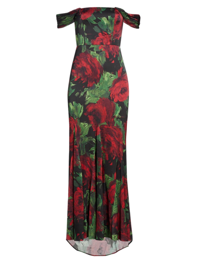 Alice And Olivia Arza Floral-print Godet-pleated Maxi Dress In Cloud Floral Bordeaux