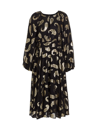Elie Tahari The Audrey Metallic Paisley-print Midi Dress In Noir Gold Paisley