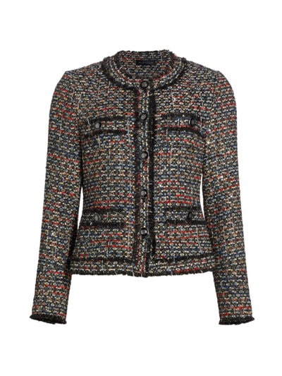 Elie Tahari The Dakota Button-down Fringe-trim Tweed Jacket In Ravenna Multi Twe