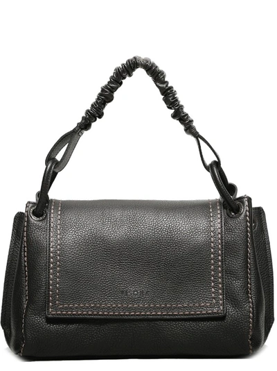 Plinio Visona' Shoulder Bag In Black Grained Leather And Flap In Grey