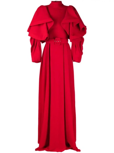 Saiid Kobeisy Layered-sleeve Belted Gown In Red