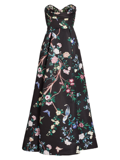 Marchesa Notte Strapless Pleated Floral-print Satin Gown In Black