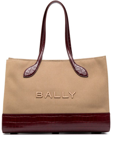 Bally Embroidered-logo Canvas Tote Bag In Sand/burgundy/oro