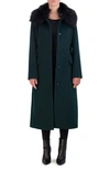Cole Haan Signature Belted Faux Fur Collar Wool Blend Coat In Forest
