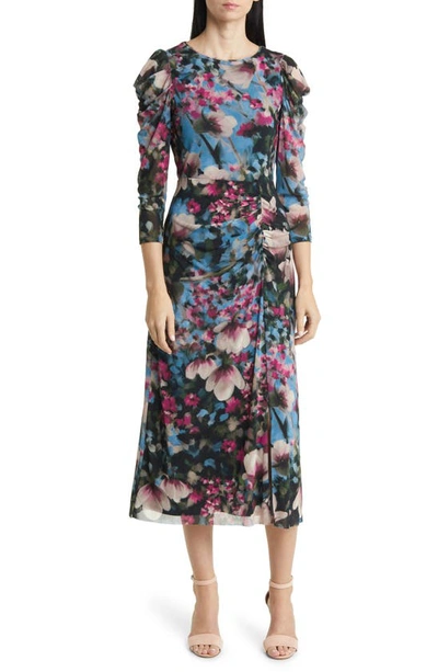 Anne Klein Floral Ruched Long Sleeve Mesh Midi Dress In Black/ Amaranth  Multi | ModeSens