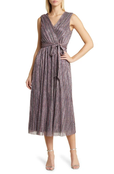 Anne Klein Plissé Tie Belt Midi Dress In Ballet Multi