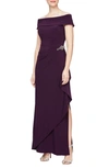 Alex Evenings Off The Shoulder Embellished Column Formal Gown In Eggplant