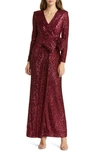 Eliza J Sequin Wrap Front Long Sleeve Gown In Ruby Red