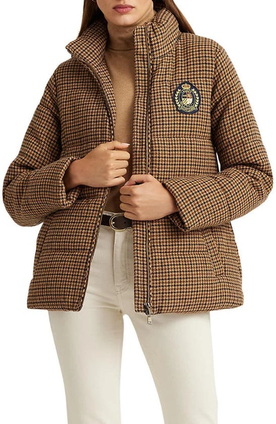 Lauren Ralph Lauren Houndstooth Crest Patch Puffer Jacket In Brown