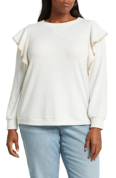Wit & Wisdom Ruffle Sweater In Heather Off White/ Tan