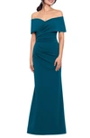 BETSY & ADAM OFF THE SHOULDER CREPE GOWN