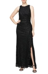 Alex Evenings Sequin Lace Cascading Ruffle Gown In Black